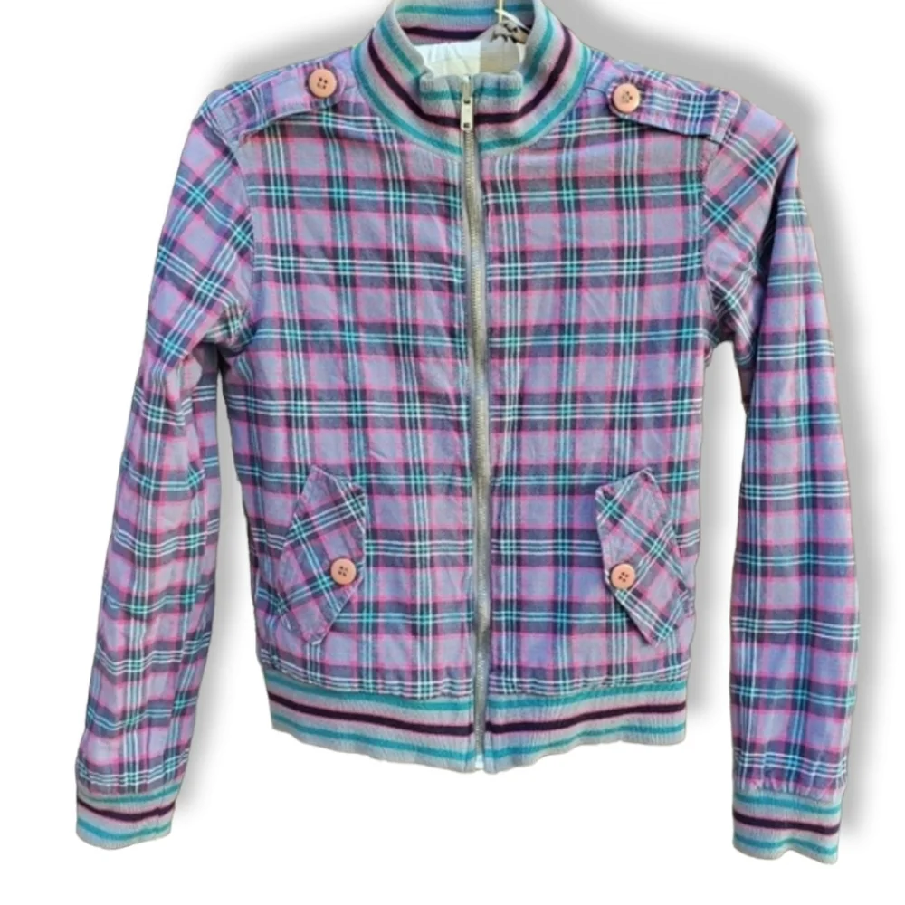 BILLABONG Gray Purple Plaid Jacket Girls 9 10 Lightweight Cotton Bomber
